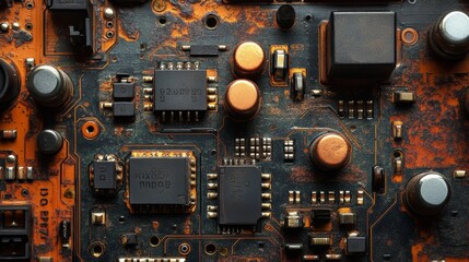 Rusty Circuit Board: Abstract Tech Texture - Abstract image of a rusty circuit board, symbolizing technology, age, decay, resilience, and innovation.