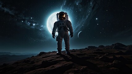 Obraz premium An astronaut stands on a distant rocky terrain gazing at a breathtaking cosmic view featuring luminous planets stars and galaxies in the night sky