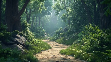 Fototapeta premium Serene Forest Path: A Tranquil Escape - Lush greenery, sunlight dappled path, tranquility, nature, serenity. Peaceful forest scene ideal for relaxation and escape.