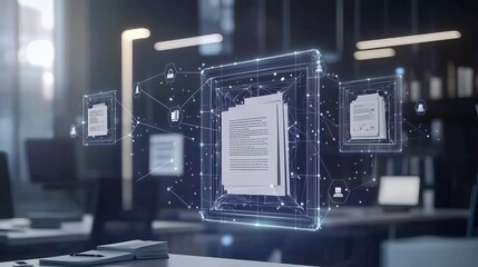 Fototapeta premium Futuristic digital representation of documents interconnected through a network, symbolizing data management.