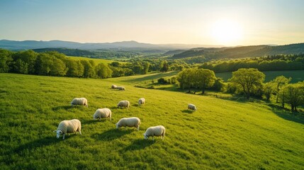 Serene Sunset Sheep Grazing on Lush Green Hillside - Peaceful flock of sheep grazing idyllic hillside sunset, symbolizing tranquility, nature, agriculture, rural life, and serenity.