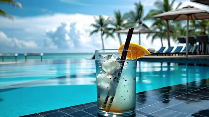 A refreshing cocktail sits by a luxurious pool with palm trees and a clear sky in the background.