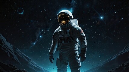 An astronaut stands on an alien landscape surrounded by a starry sky filled with galaxies and celestial bodies evoking the vastness of space exploration
