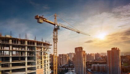 고층 건물 공사 현장에서 타워크레인이 자재를 올리고 있는 장면