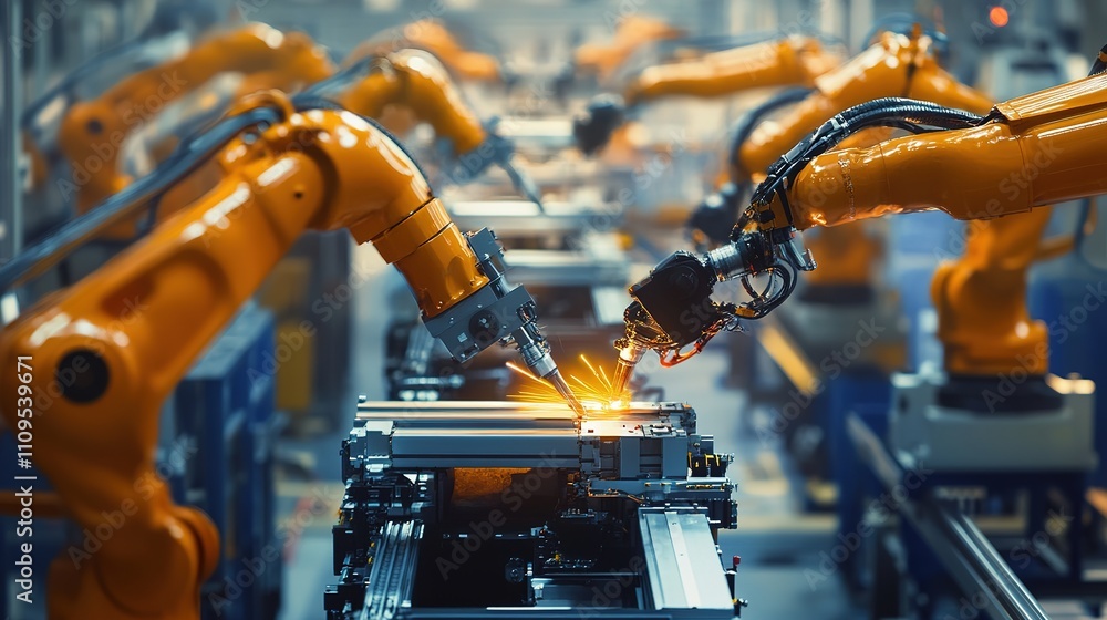 Poster engineers testing and optimizing new automated machinery for mass production.