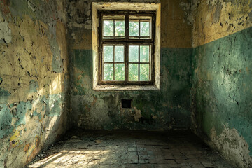 Obraz premium Abandoned room with peeling walls and a dust-covered window