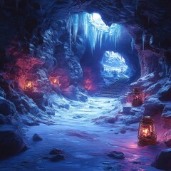 A mystical ice cave illuminated by lanterns, featuring icy formations and a serene pathway.
