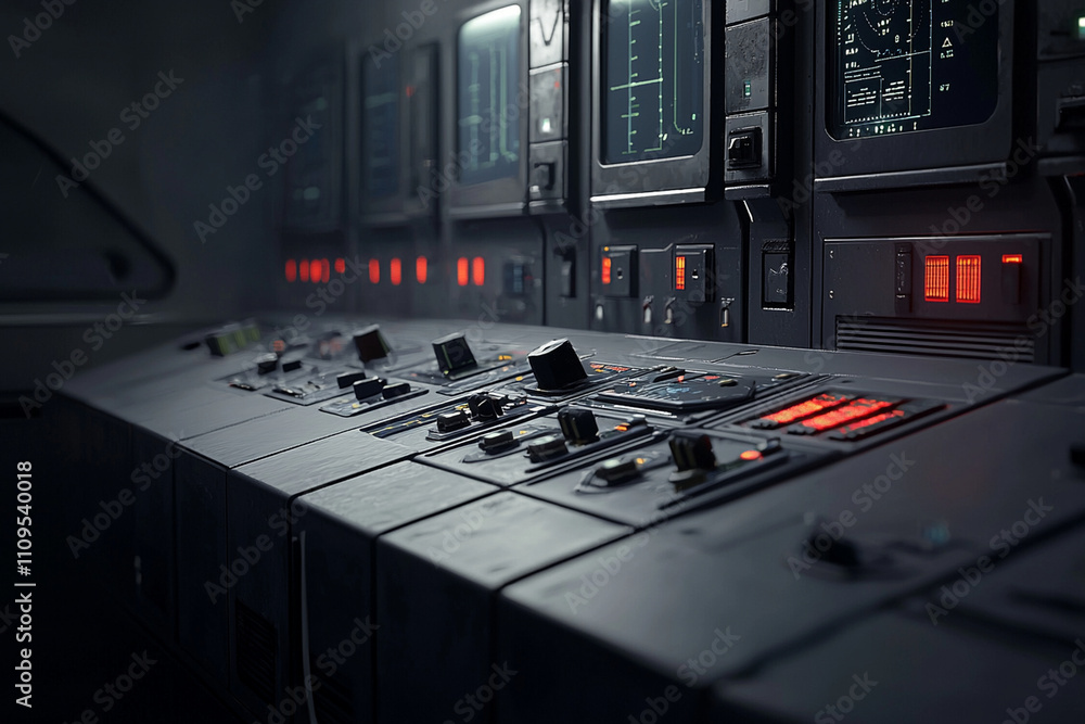 Poster control room filled with monitors and buttons in a dimly lit space