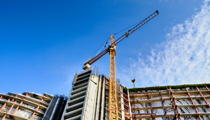 고층 건물 공사 현장에서 타워크레인이 자재를 올리고 있는 장면