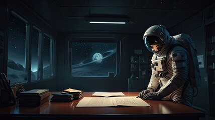 Obraz premium An astronaut is focused on reviewing documents at a workstation inside a space station with a mesmerizing view of celestial bodies in the background