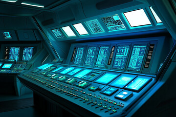 Obraz premium Control room filled with glowing screens and advanced technology