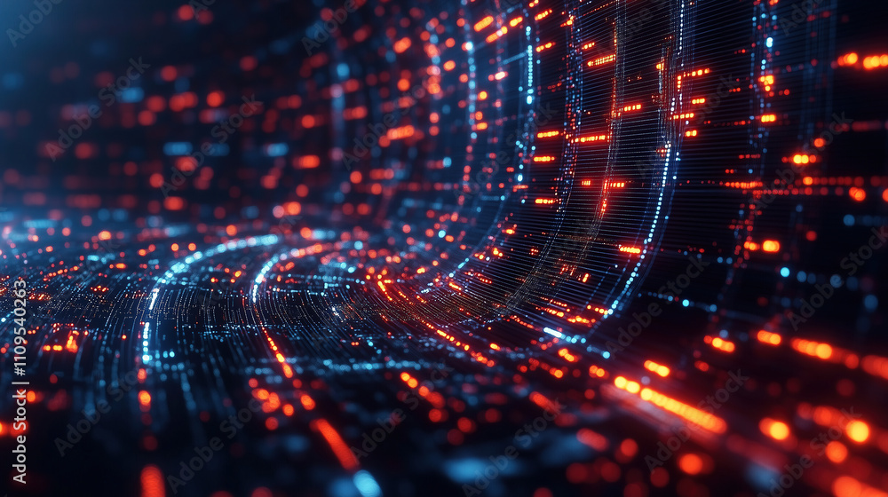 Poster digital landscape with glowing lines and particles illuminating a dark tunnel environment. generativ