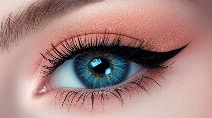 Obraz premium Stunning Blue Eyes with Peach Makeup - Close-up of a captivating blue eye, featuring natural makeup, eyeliner, and peach eyeshadow. Beauty, cosmetics, elegance, allure, and vision.