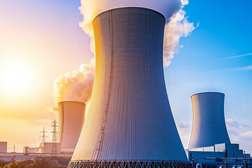 Cooling towers release steam during sunset at a power plant