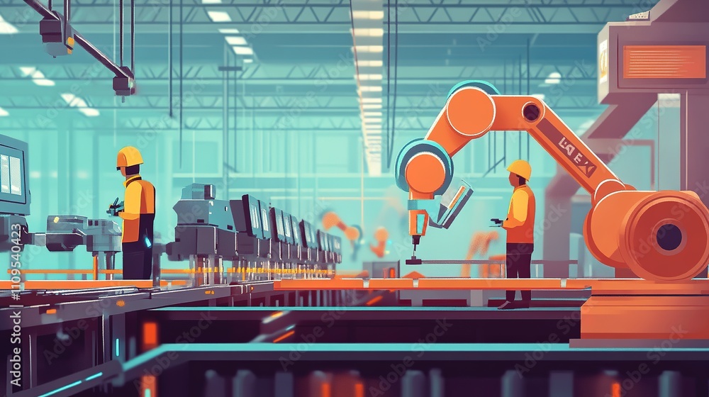 Poster factory robotics and human workers collaborating in a modern production line.