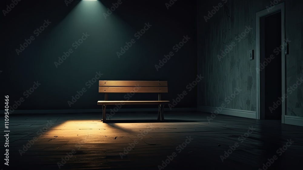 Poster a wooden bench sits in the center of a dark room highlighted by a single light source above. the sur