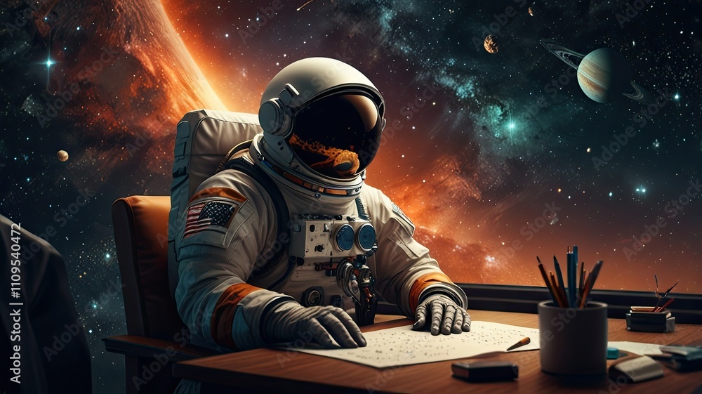 Poster an astronaut wearing a space suit writes at a table inside a space station with a stunning view of g