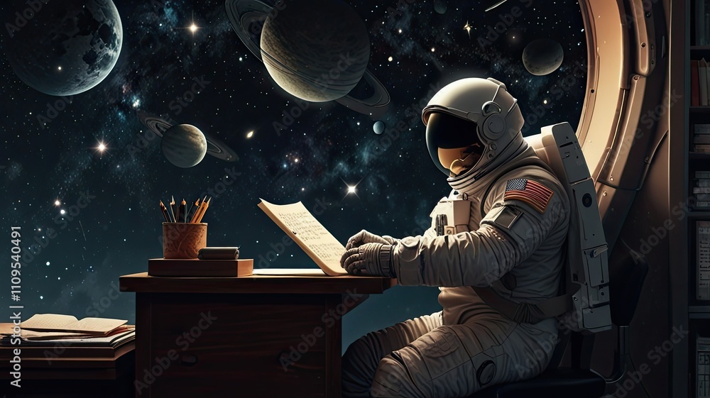 Poster an astronaut sits at a desk reading a book with planets and stars visible through a large window in 
