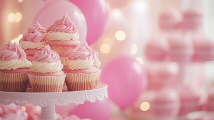 Cupcakes on a stand decorated for a pink-themed celebration in a festive setting