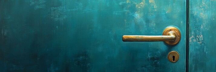 Obraz premium Teal Door with Brass Handle - A lone brass door handle on a distressed teal door, symbolizing mystery, elegance, access, security, and transition.