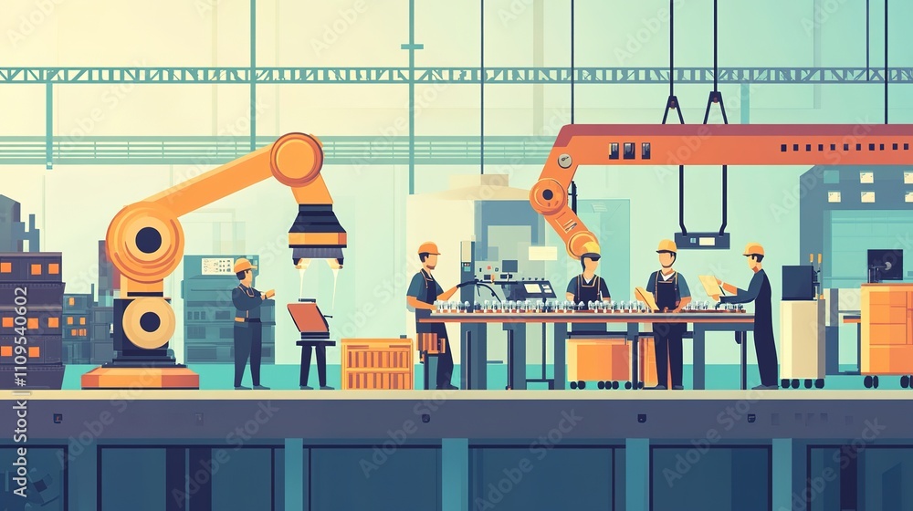 Aufkleber factory robotics and human workers collaborating in a modern production line.