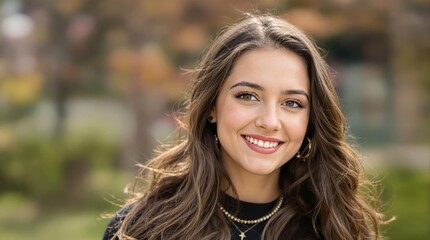 Naklejka premium happy young woman smiling brightly outdoors, showcasing natural beauty and joy in a candid lifestyle moment with vibrant surroundings