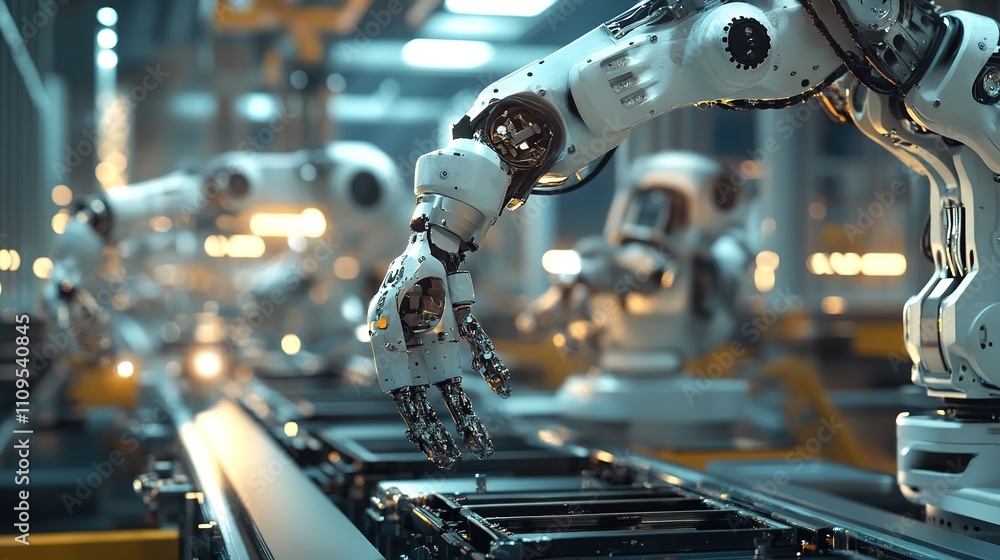 Poster factory robotics installing and managing delicate parts with perfect precision.