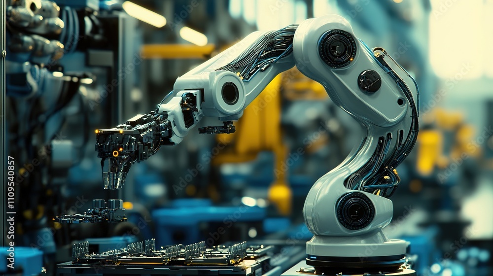 Poster factory robotics installing and managing delicate parts with perfect precision.