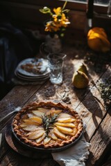 Fototapeta premium A pie with a garnish of fresh herbs sits on a wooden table
