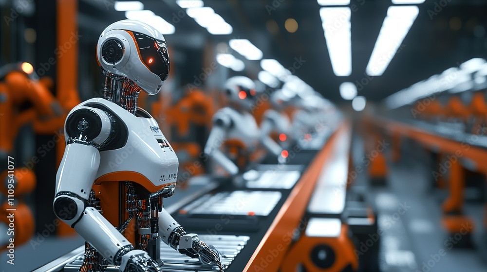 Poster factory robotics operating autonomously in a fully automated factory.