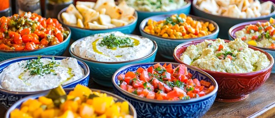 A colorful catering setup with Mediterranean appetizers and an array of vibrant dips.