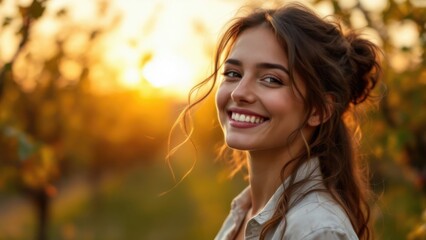 Fototapeta premium smiling young woman in a sunflower field, radiating joy and positivity in a natural outdoor setting with bright and colorful surroundings