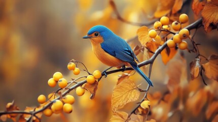 Fototapeta premium Vibrant Blue Bird on Autumn Branch - A stunning blue bird perches on a branch laden with golden berries, symbolizing autumn, serenity, nature, beauty, and freedom.