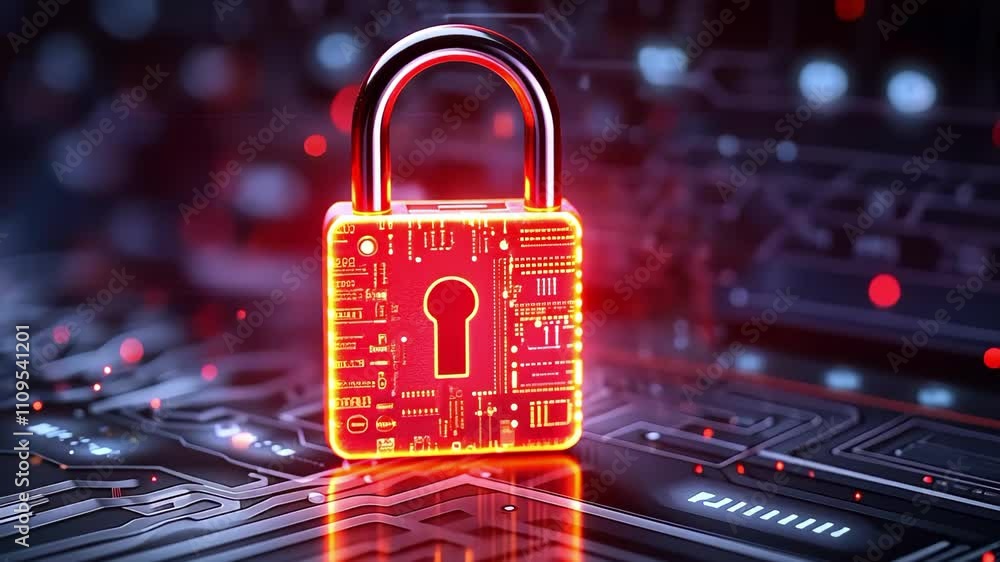 Poster a digital lock over a circuit board, symbolizing cybersecurity and data protection in a high-tech en