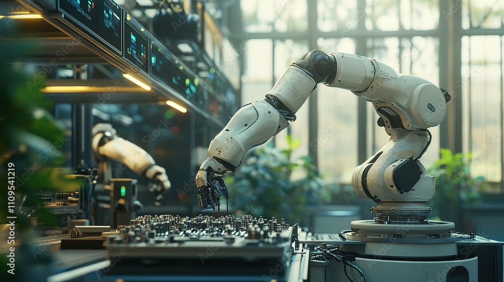 Poster factory robotics installing and managing delicate parts with perfect precision.