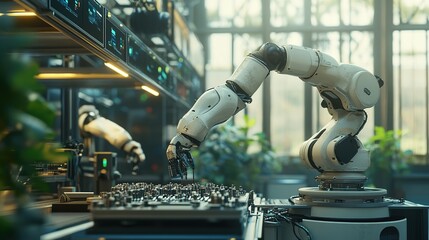 Factory robotics installing and managing delicate parts with perfect precision.