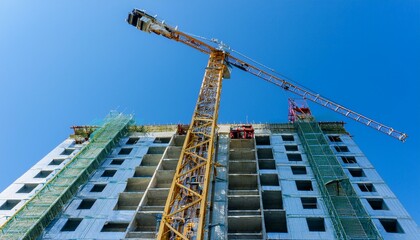고층 건물 공사 현장에서 타워크레인이 자재를 올리고 있는 장면