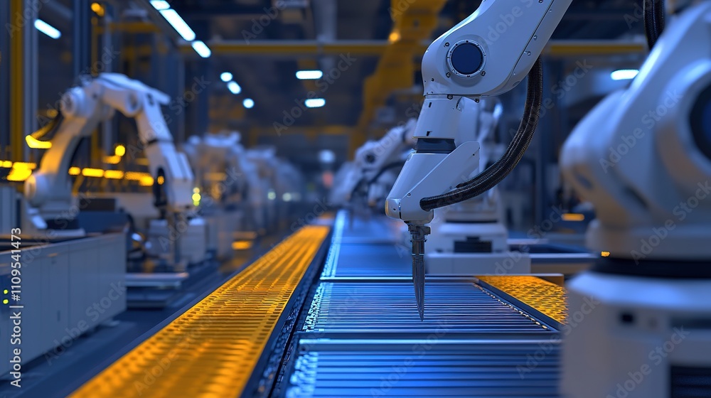 Poster factory robotics operating autonomously in a fully automated factory.