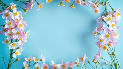Obraz premium A Delicate Floral Frame of Pastel Pink and White Flowers on a Light Blue Background