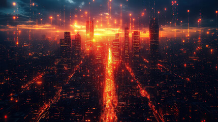 Naklejka premium Urban skyline illuminated by a vibrant sunset and cascading light effects over a busy metropolis. Generative AI