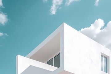 White simple architectural facade against blue sky for presentation with large concrete structures and clean lines, featuring a minimalistlook.