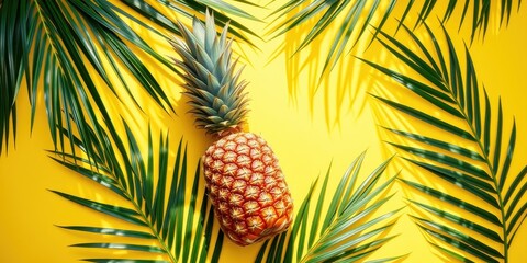 Obraz premium Tropical Delight A Single Pineapple Nestled Amidst Lush Palm Fronds on a Vibrant Yellow Background