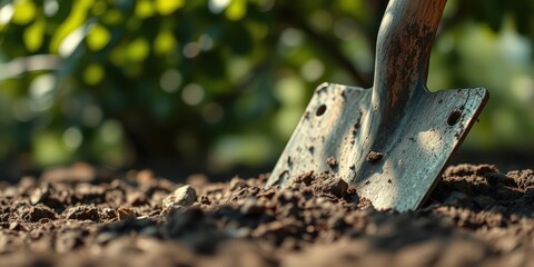 A weathered shovel blade partially submerged in loose, brown soil, against a backdrop of a blurred green foliage.
