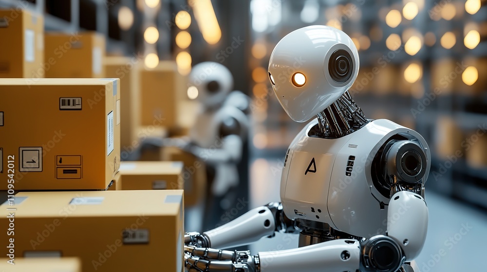 Poster robots handling repetitive tasks in a smart factory environment.