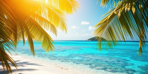 Obraz premium A Tranquil Tropical Paradise with Sun-Kissed Palm Trees Framing Turquoise Waters and a Sandy Beach