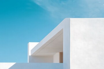 White simple architectural facade against blue sky for presentation with large concrete structures and clean lines, featuring a minimalistlook.