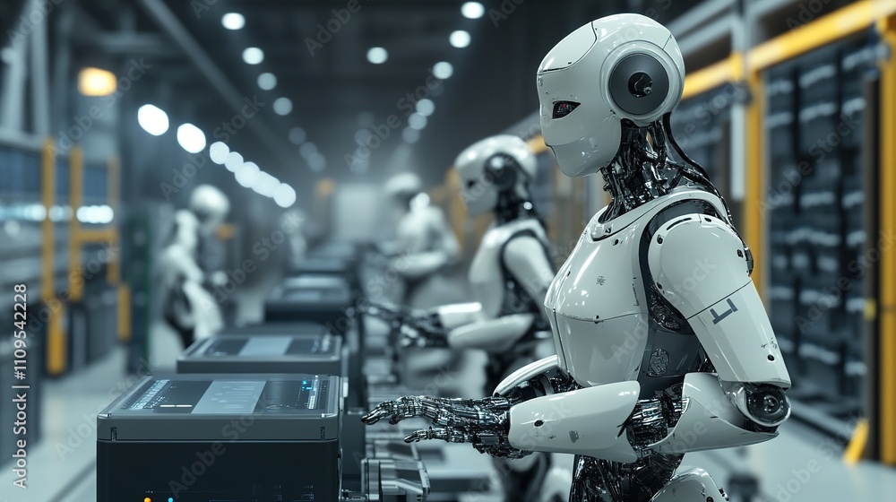 Poster robots handling repetitive tasks in a smart factory environment.