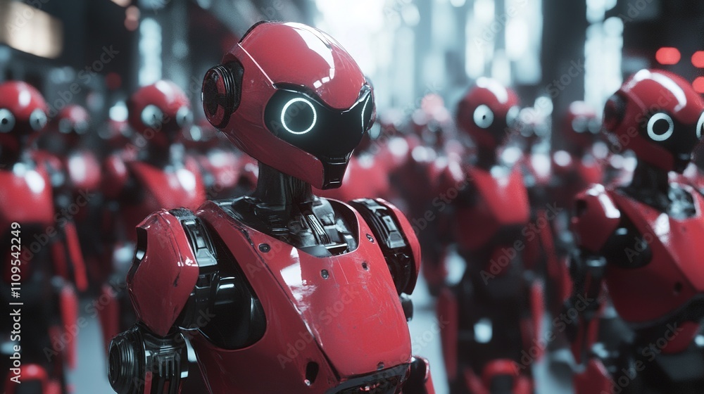 Poster robots handling repetitive tasks in a smart factory environment.