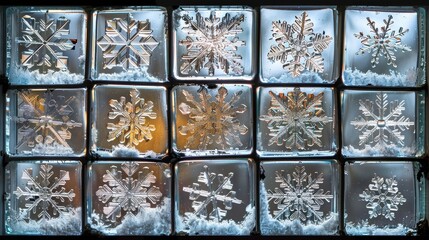 A grid of ice cubes showcasing intricate snowflake patterns, highlighting the uniqueness of each formation against a frosty backdrop.