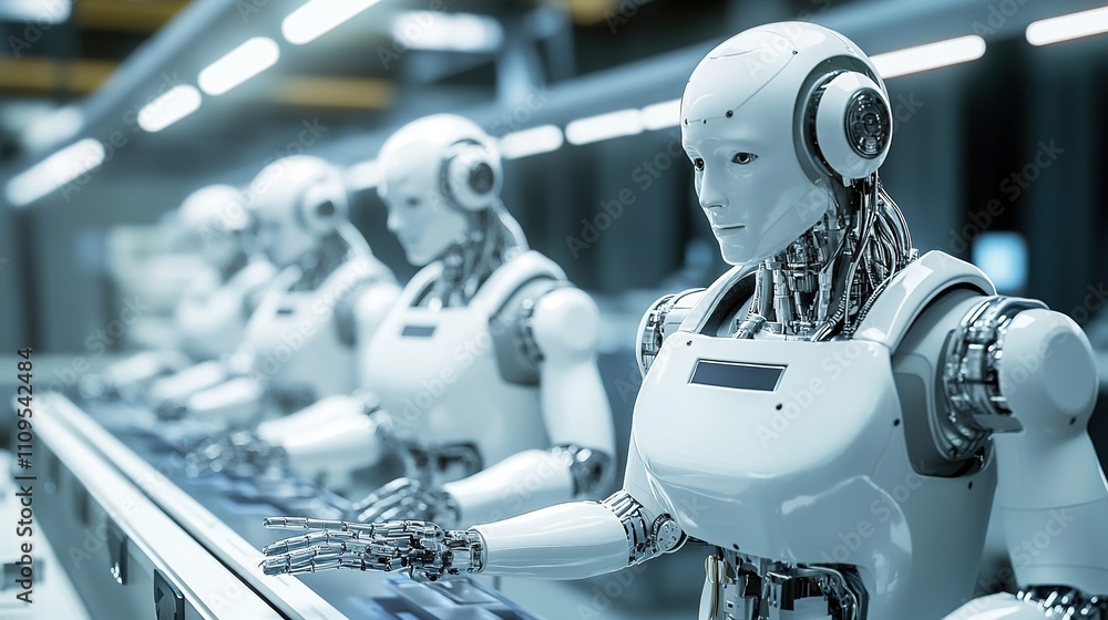 Poster robots handling repetitive tasks in a smart factory environment.